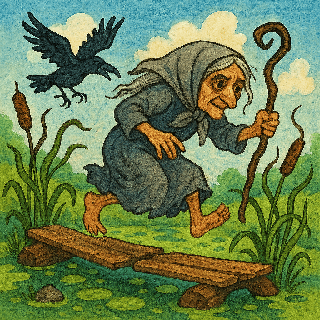 Скрюченная баба прыгает по болоту со скрюченной палкой, в небе скрюченная галка.