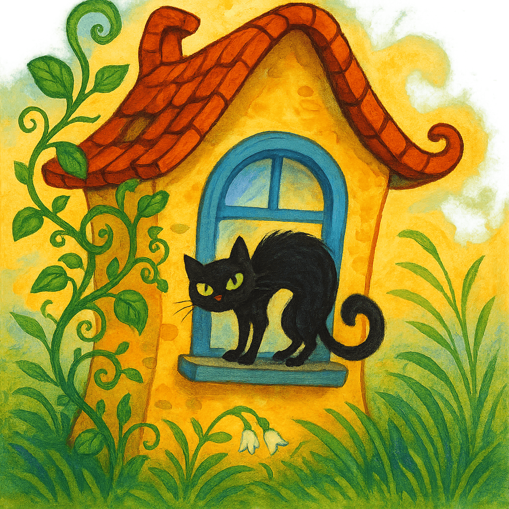 Скрюченная кошка сидит у окошка кривого дома.