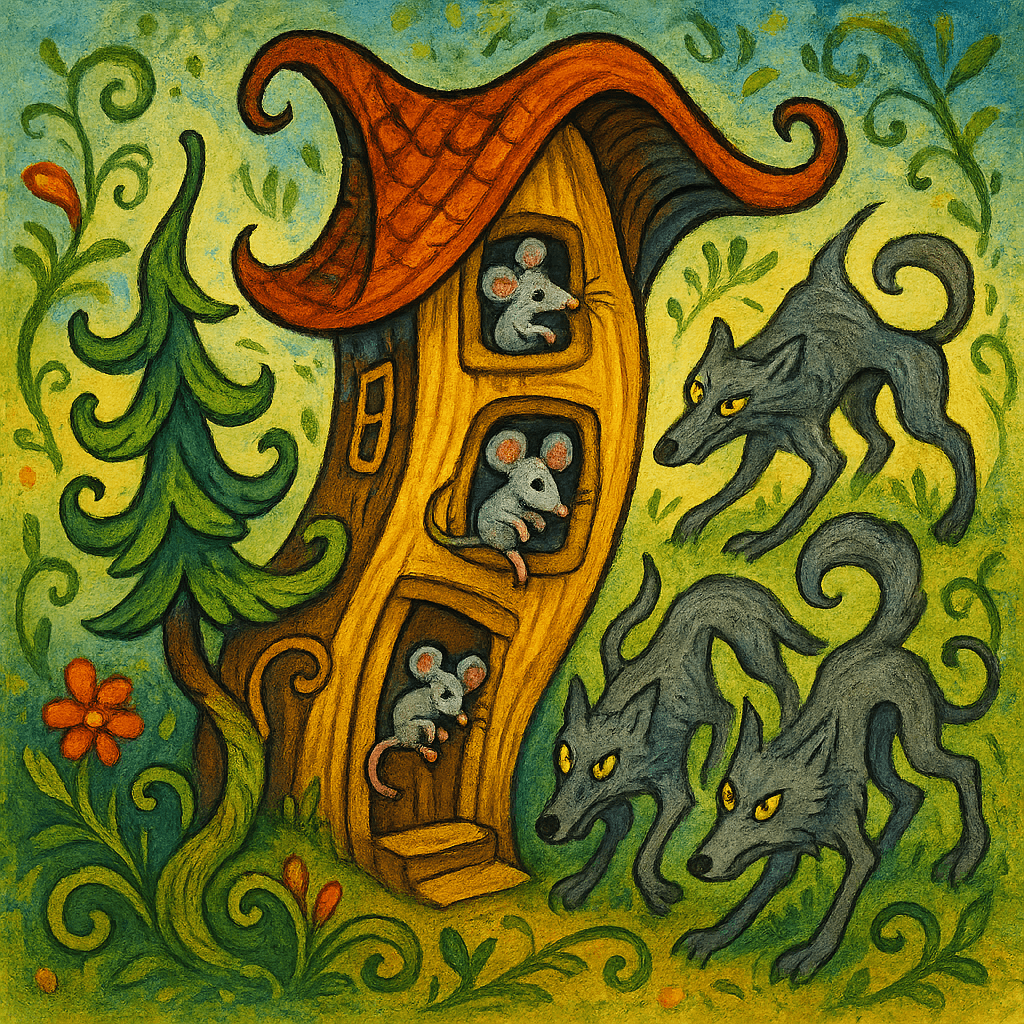 Скрюченный домик, скрюченные мышки и волки, скрюченная ёлка.