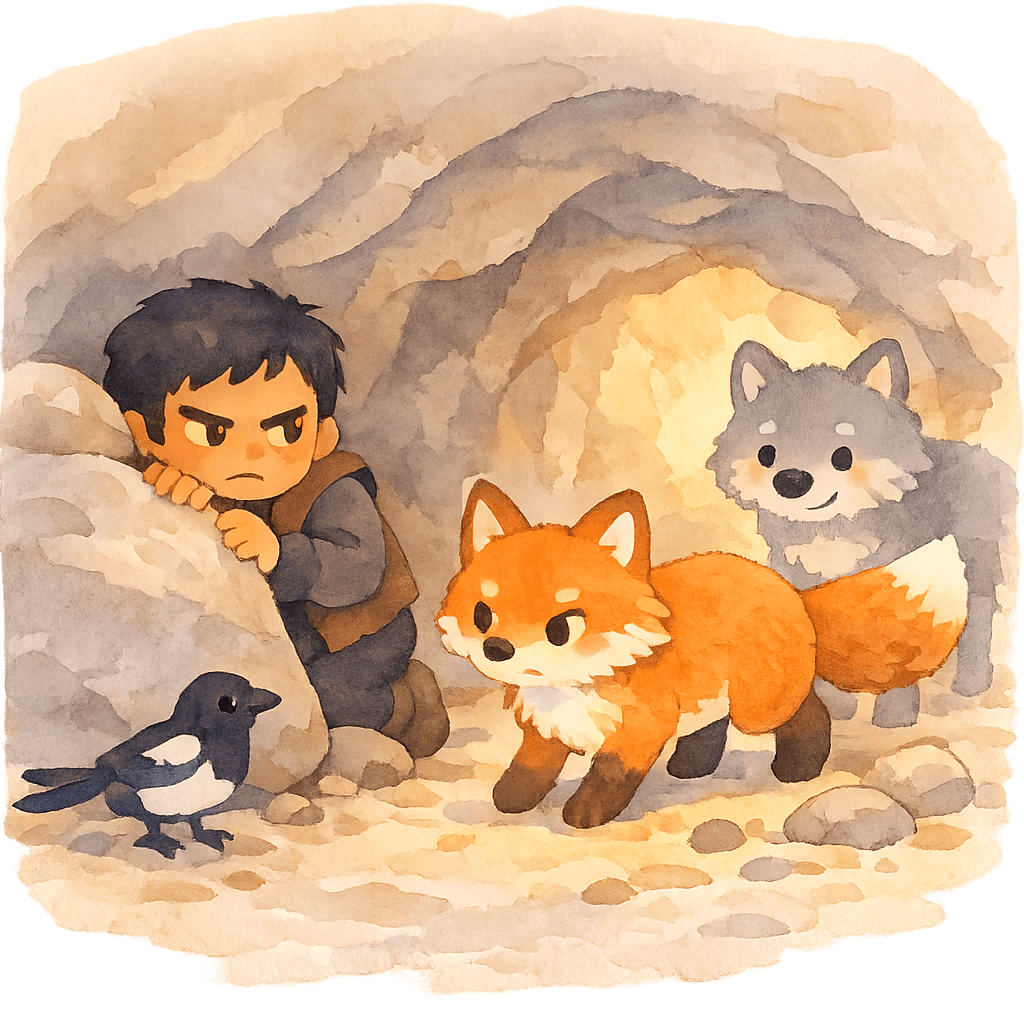 Скупой прячется в пещере, заходят звери и сорока