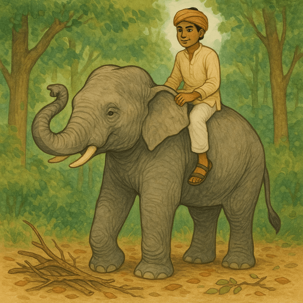 Индус садится на шею слона в лесу