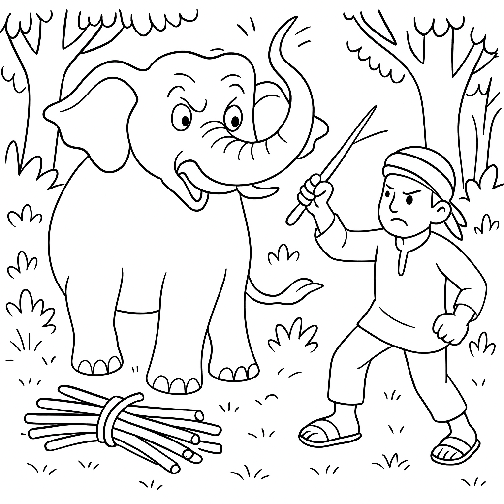Раскраска по сказке "Как слон спас хозяина от тигра"