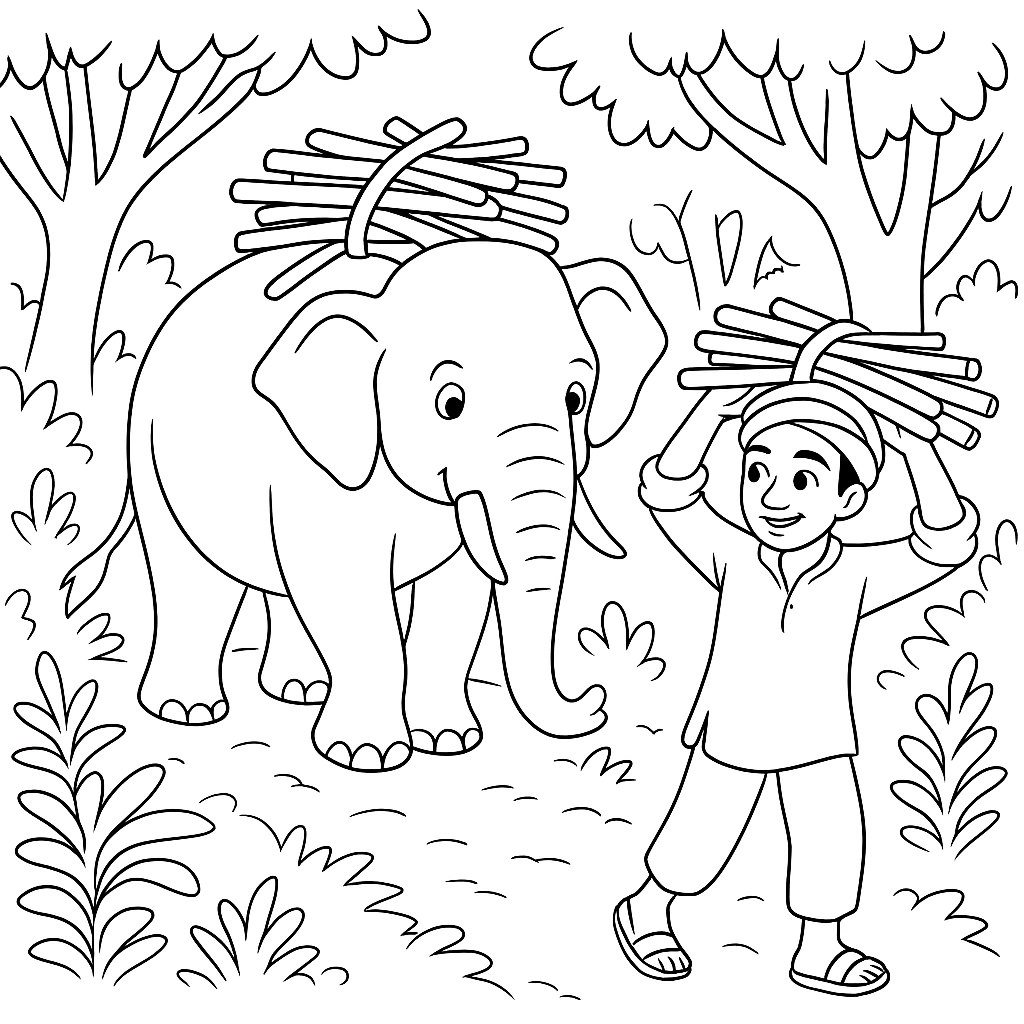 Раскраска по сказке "Как слон спас хозяина от тигра"