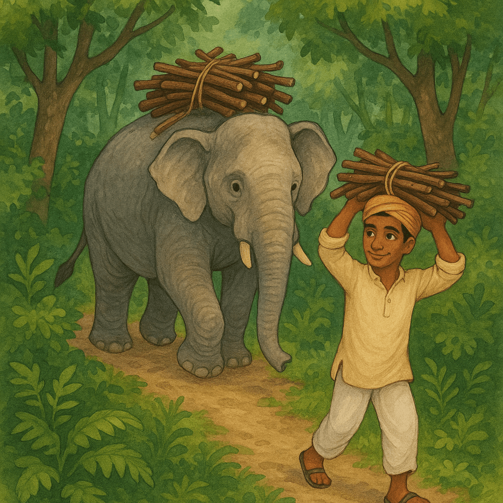 Слон и индус собирают дрова в густом лесу