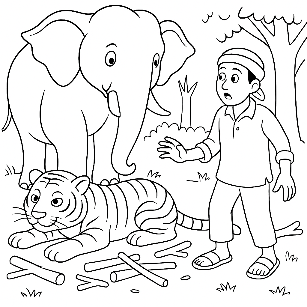 Раскраска по сказке "Как слон спас хозяина от тигра"