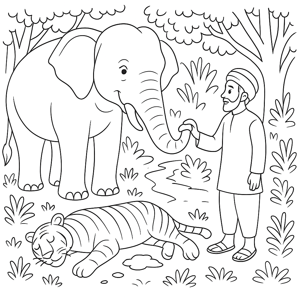 Раскраска по сказке "Как слон спас хозяина от тигра"