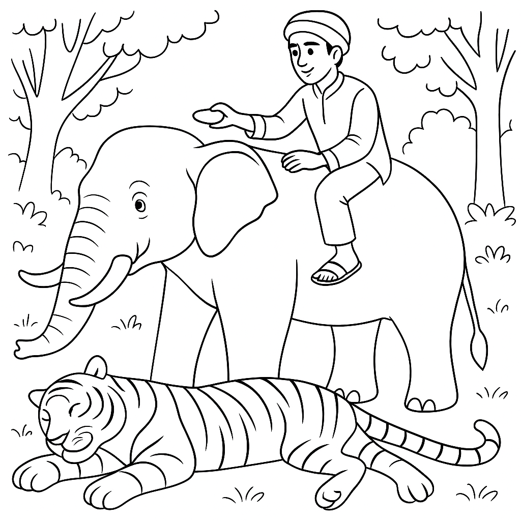 Раскраска по сказке "Как слон спас хозяина от тигра"