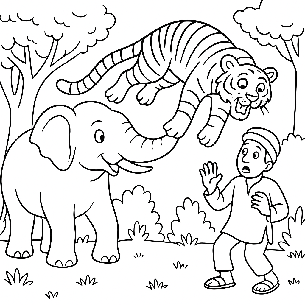 Раскраска по сказке "Как слон спас хозяина от тигра"