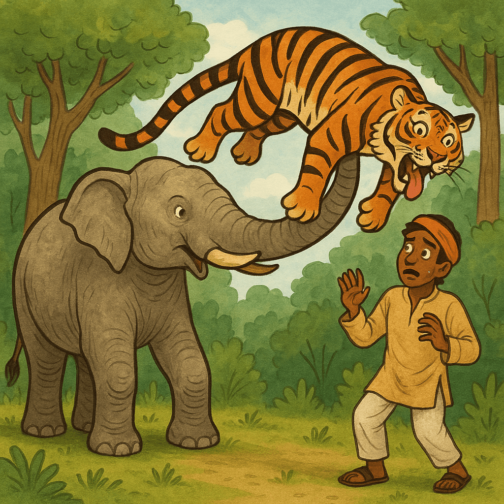 Слон схватил тигра хоботом при индусе
