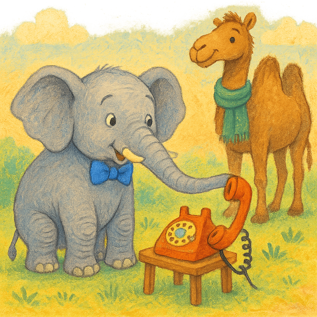 Слон говорит по телефону, рядом верблюд.