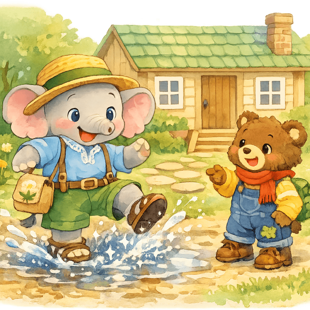 Слонёнок показывает, как надо топать по лужам в саду