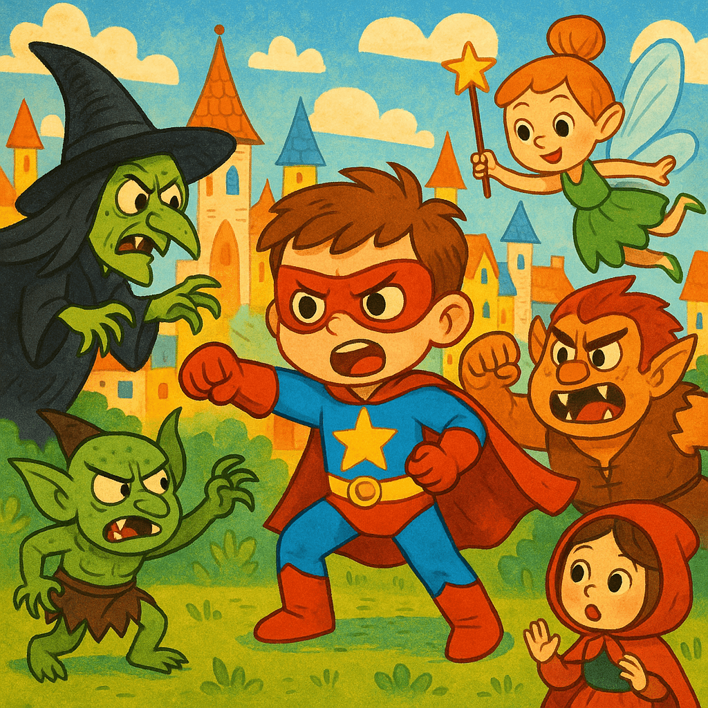 Смелый мальчик-супергерой сражается с персонажами сказок, фон — сказочный город, яркий детский стиль.