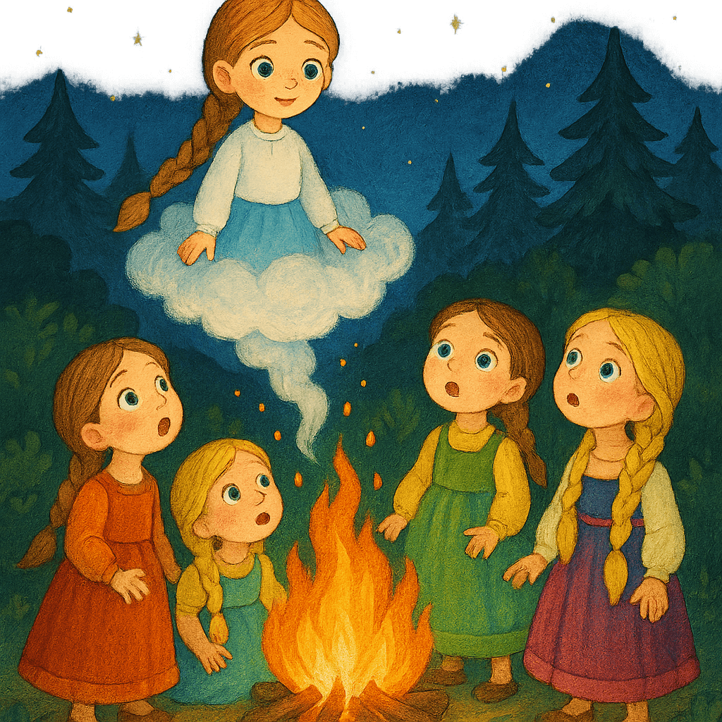 Снегурочка превращается в облако над костром, девушки смотрят вверх