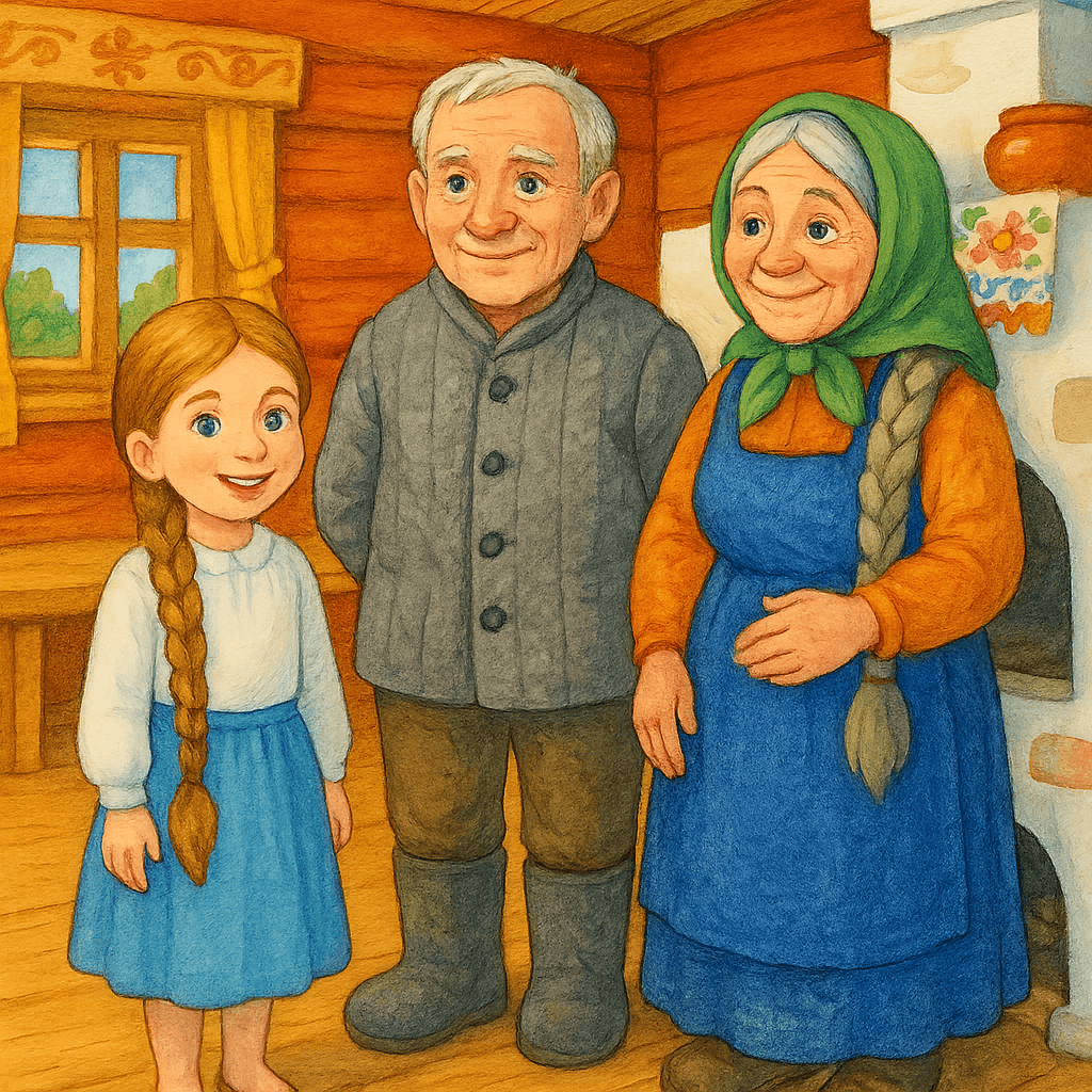 Снегурочка стоит в избе со стариком и старухой