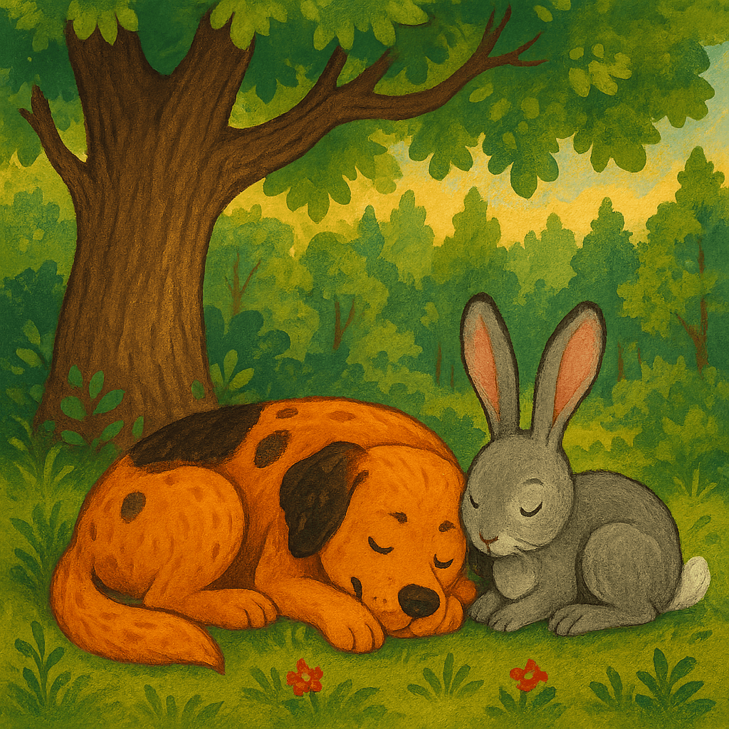 Собака и заяц спят в лесу