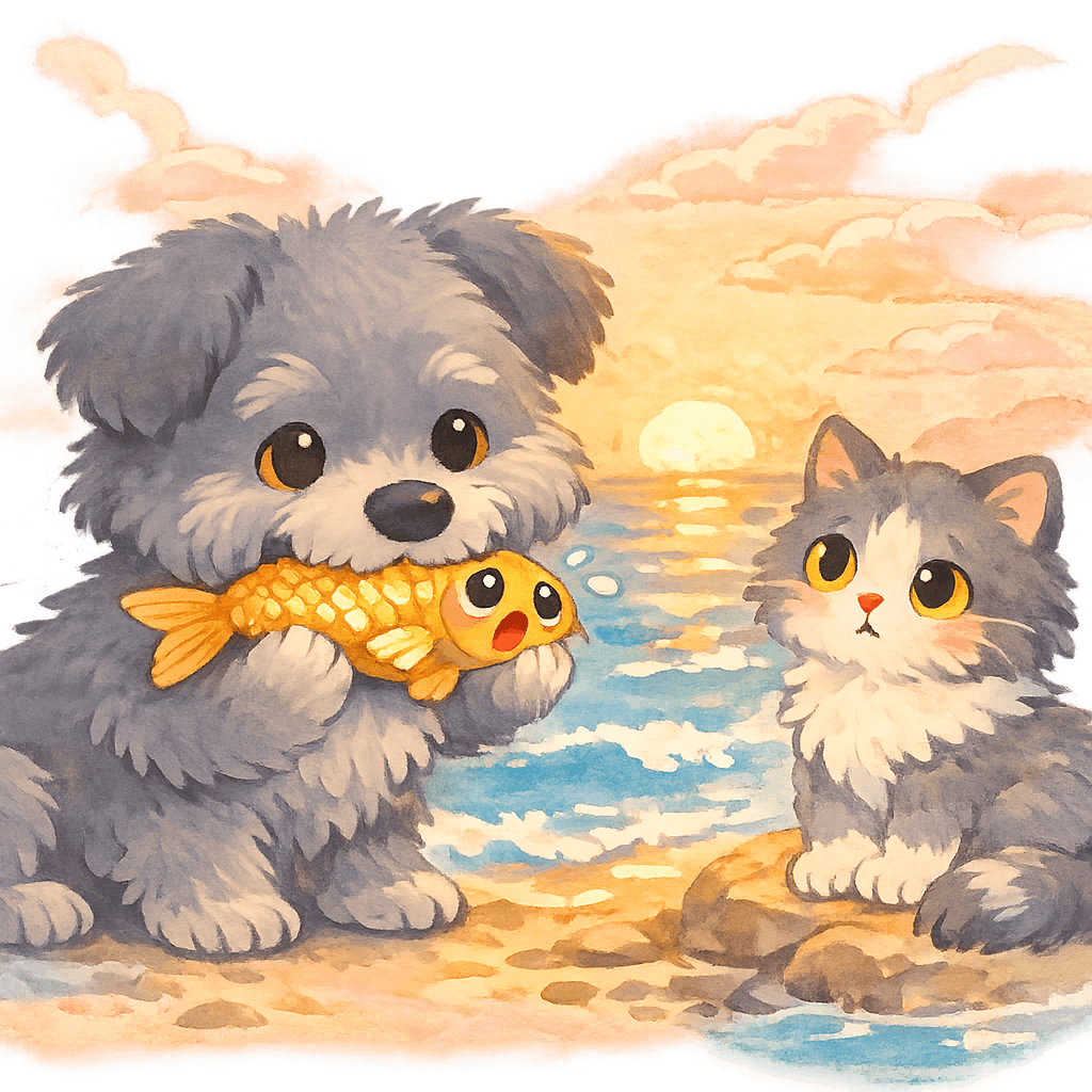 Собака поймала серебристую рыбку, кошка рядом, море на рассвете