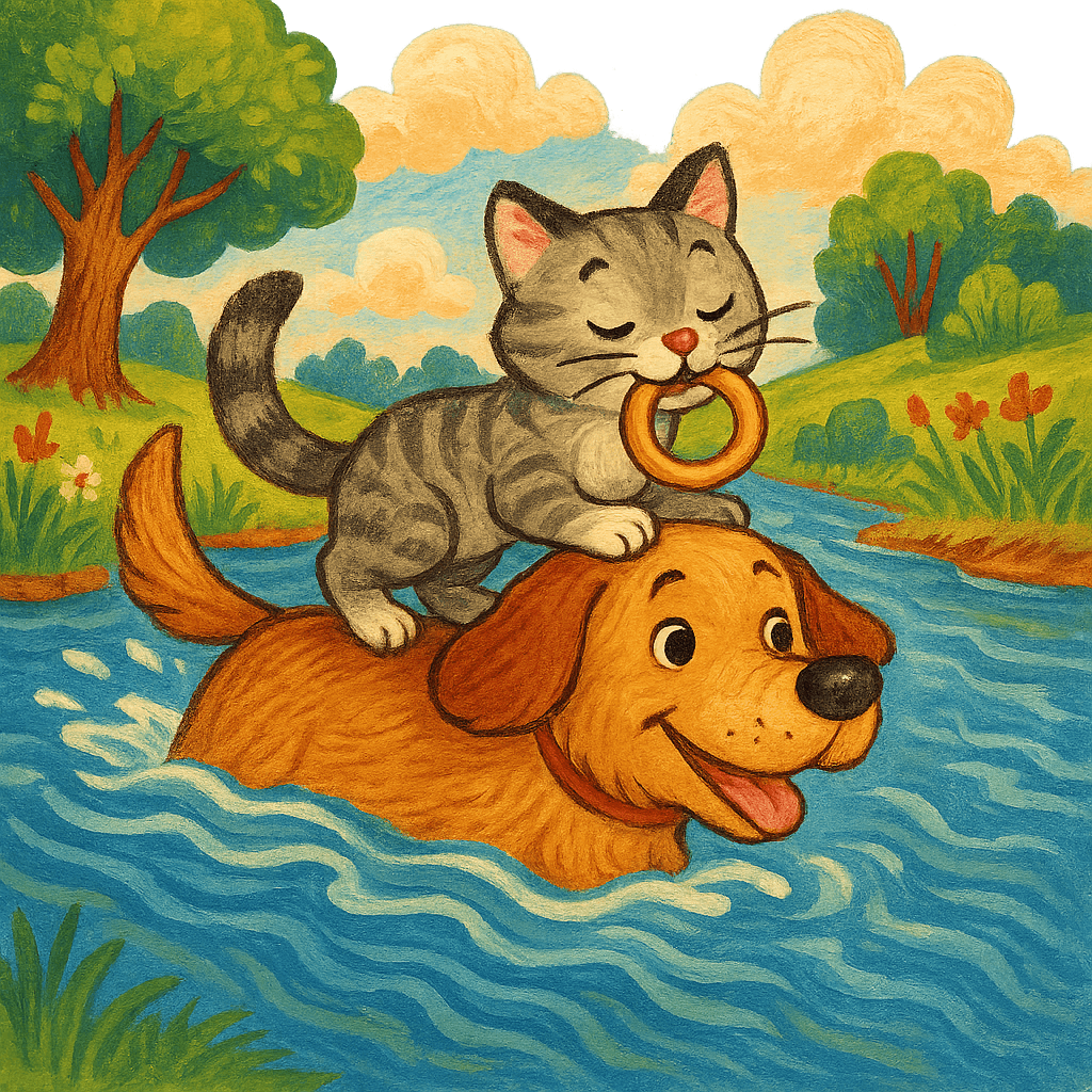 Собака и кошка переплывают реку с кольцом