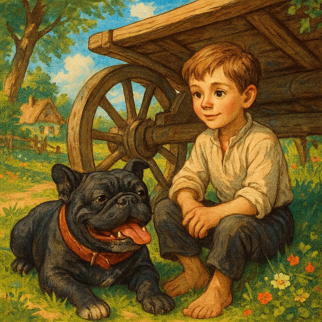 Уставший Булька лежит в тени под телегой