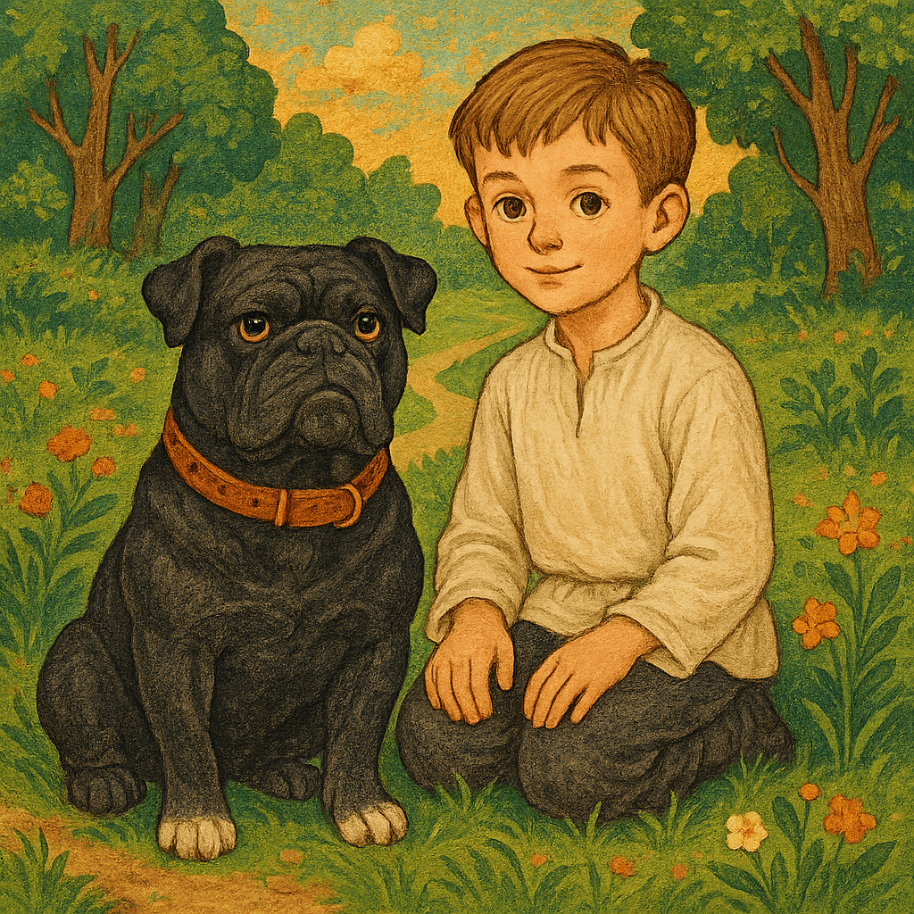 Булька и его хозяин на деревенской дорожке