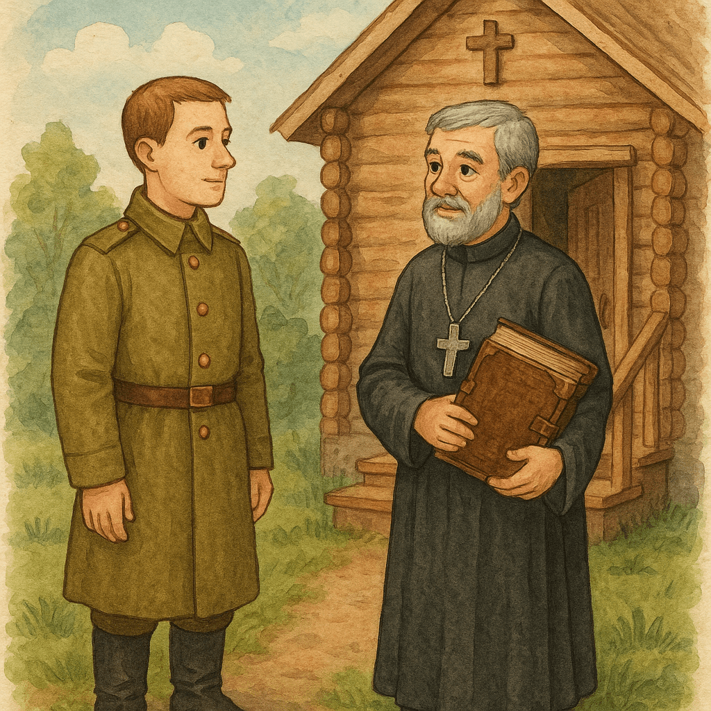 Солдат получает книгу от священника
