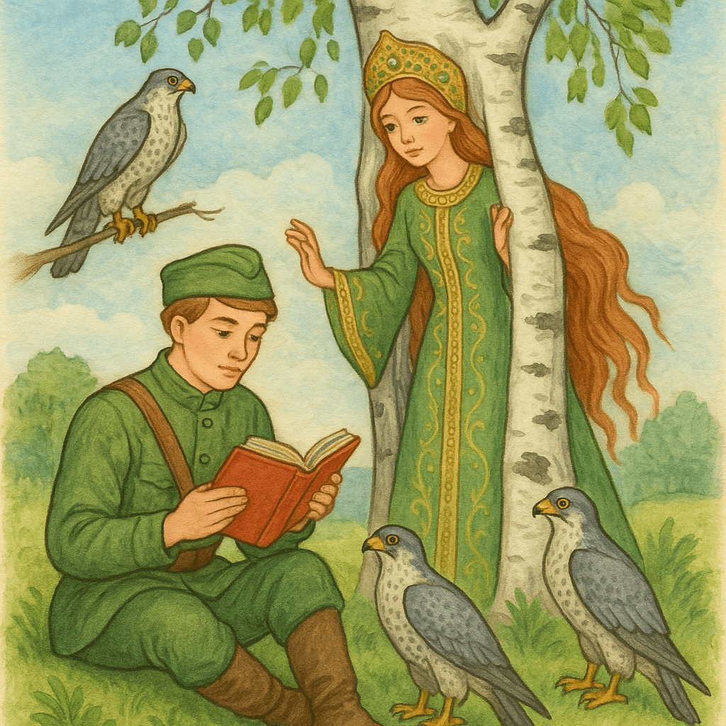 Царевна выходит из берёзы... солдат и три сокола рядом