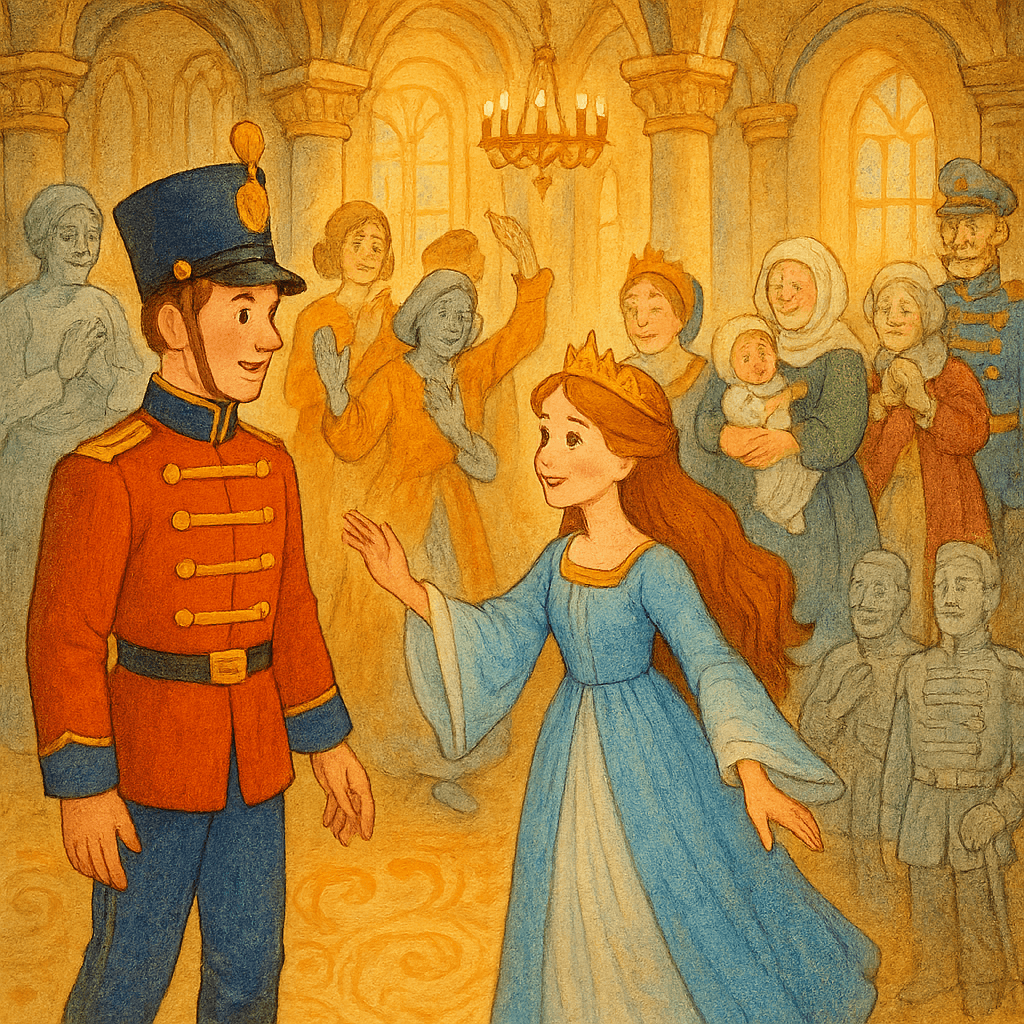 Солдат в окружении оживших людей, царевна идет навстречу ему.