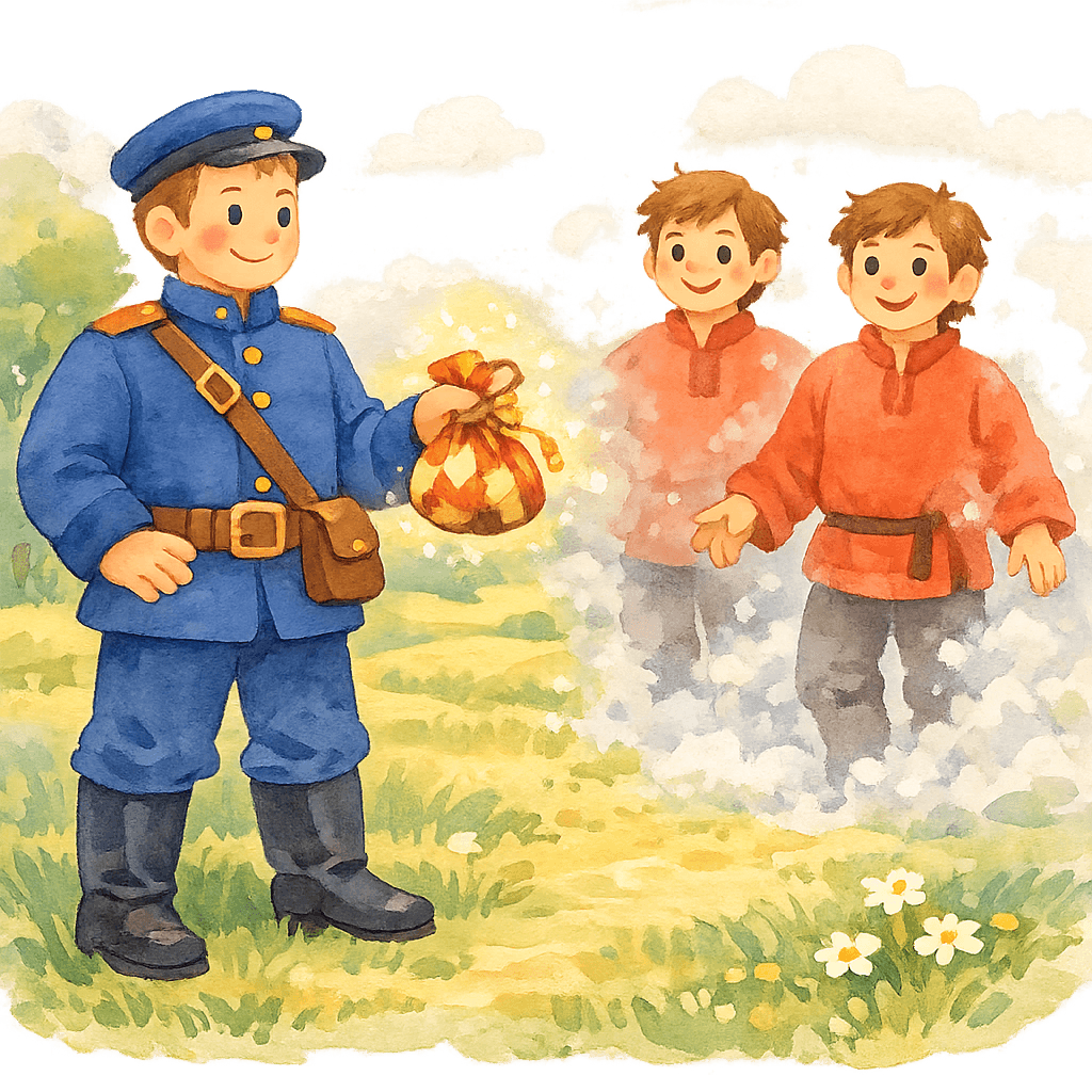 Солдат встречает двух молодых слуг-котомки на поляне