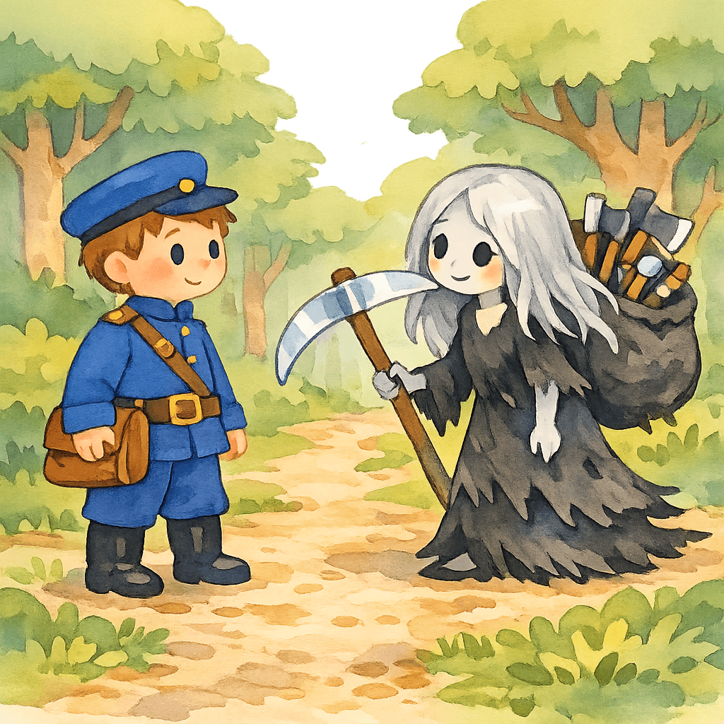 Солдат на лесной дороге встречается со смертью с косой