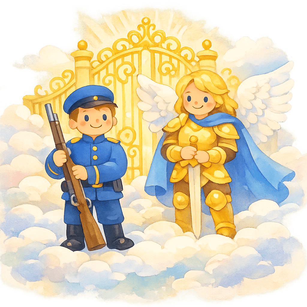 Солдат у золотых врат с Архангелом Михаилом