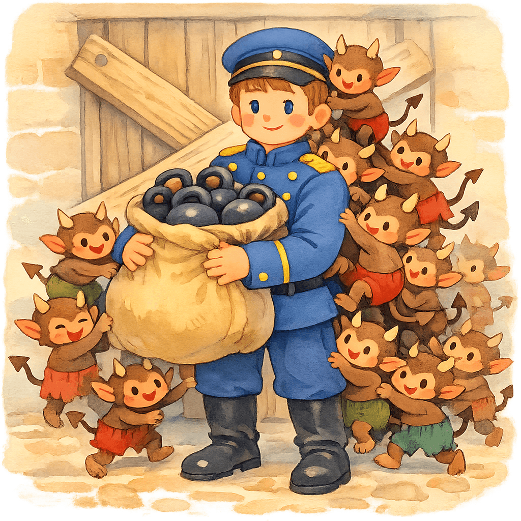 Солдат с мешком и черти, лезущие внутрь