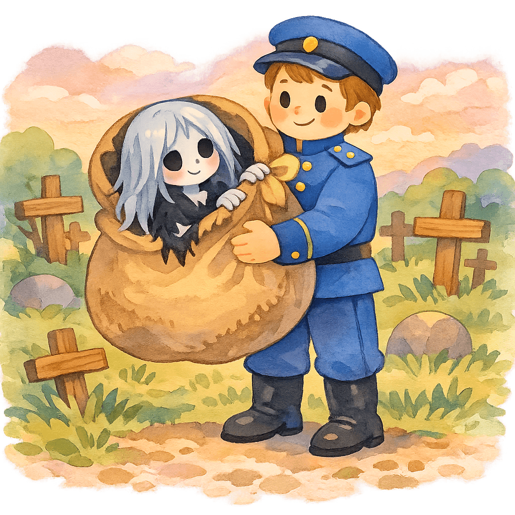 Солдат с мешком в руках и смерть внутри на кладбище