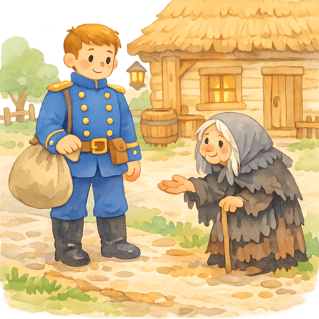 Солдат подаёт милостыню старухе у кабачка