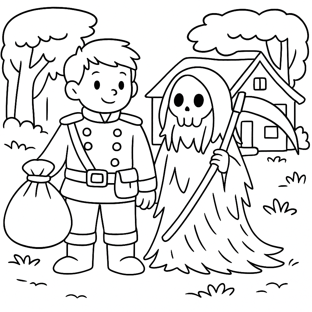 Раскраска по сказке "Солдат и смерть"