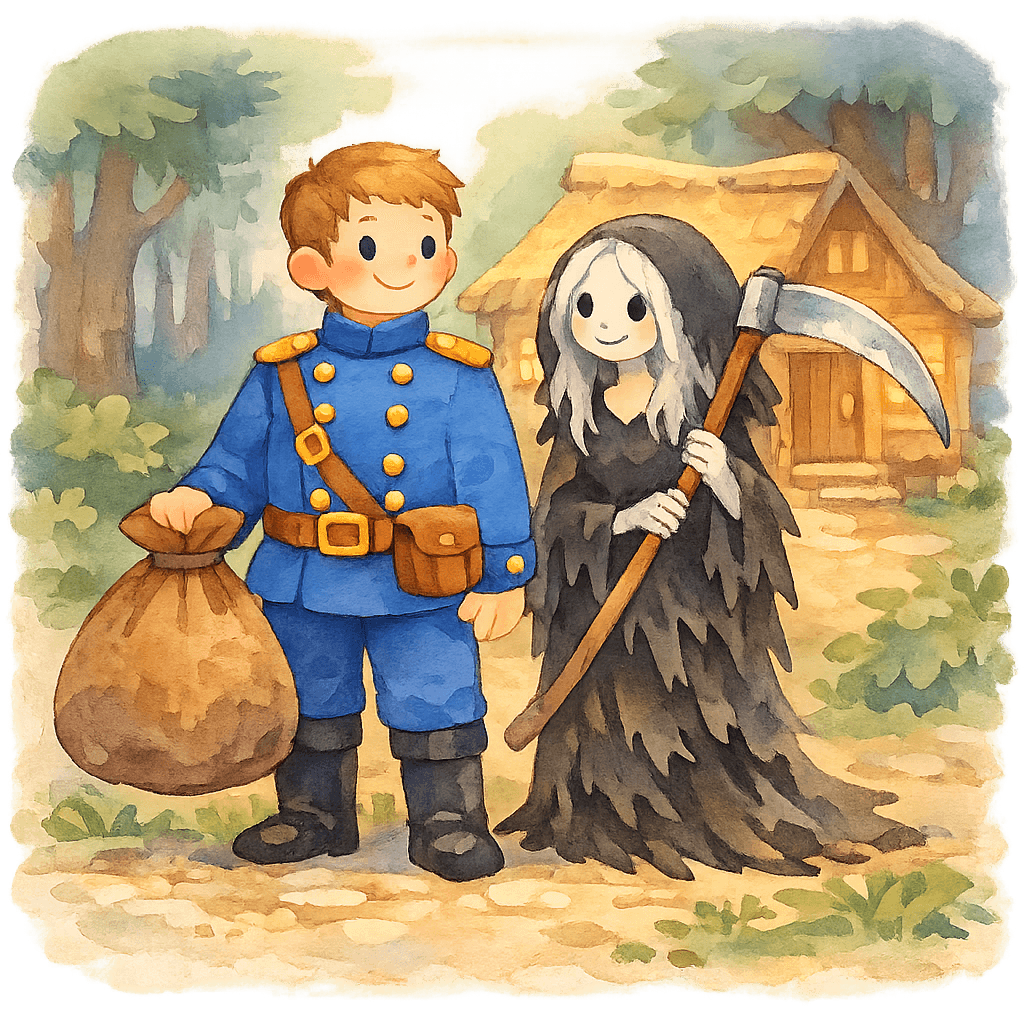 Солдат и смерть в лесу у кабака; у солдата синие глаза, у смерти седые длинные волосы