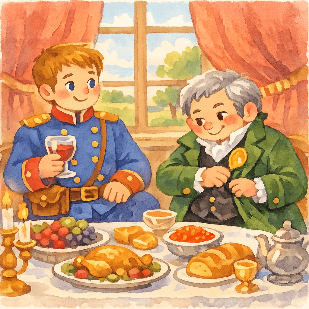 Солдат и барин за столом, барин прячет золотую ложку