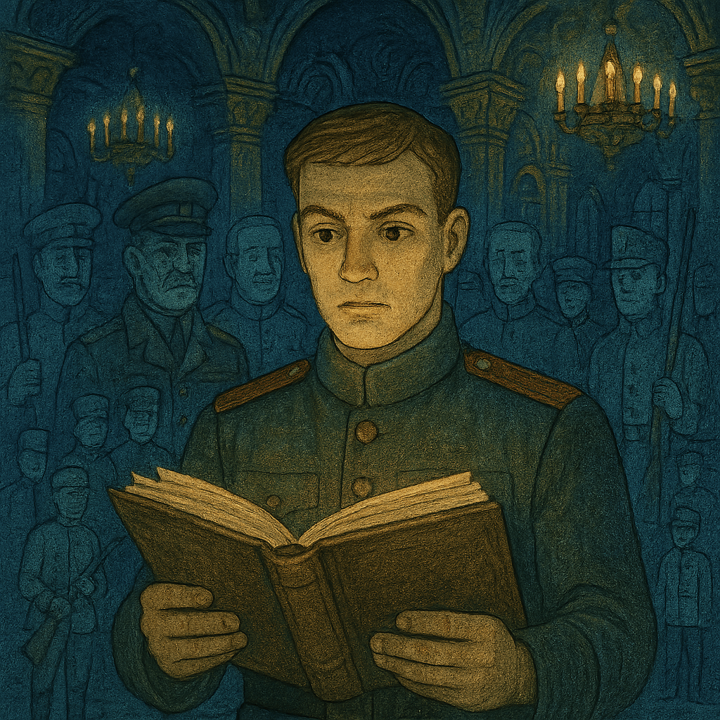 Солдат ночью читает книгу во дворце, вокруг призрачные начальники.