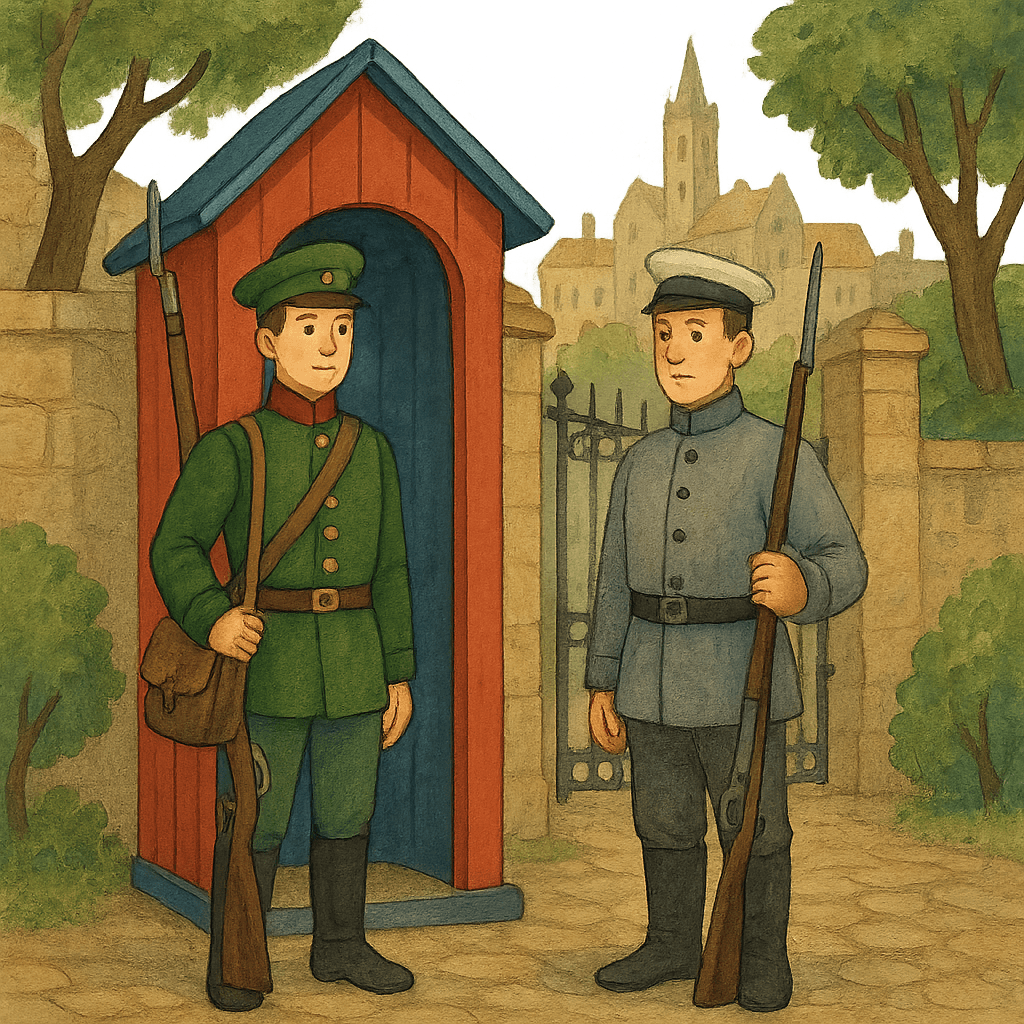 Солдат у ворот города, рядом каменный часовой и каменные деревья.