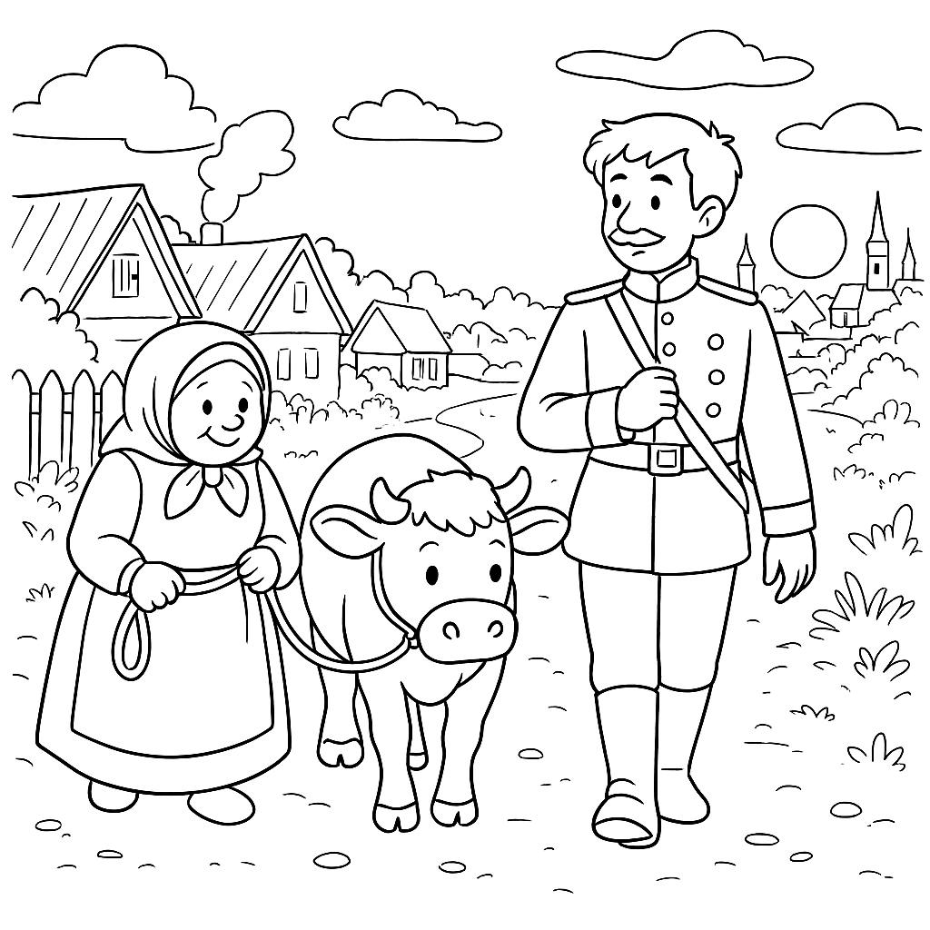 Раскраска по сказке "Солдатская школа"