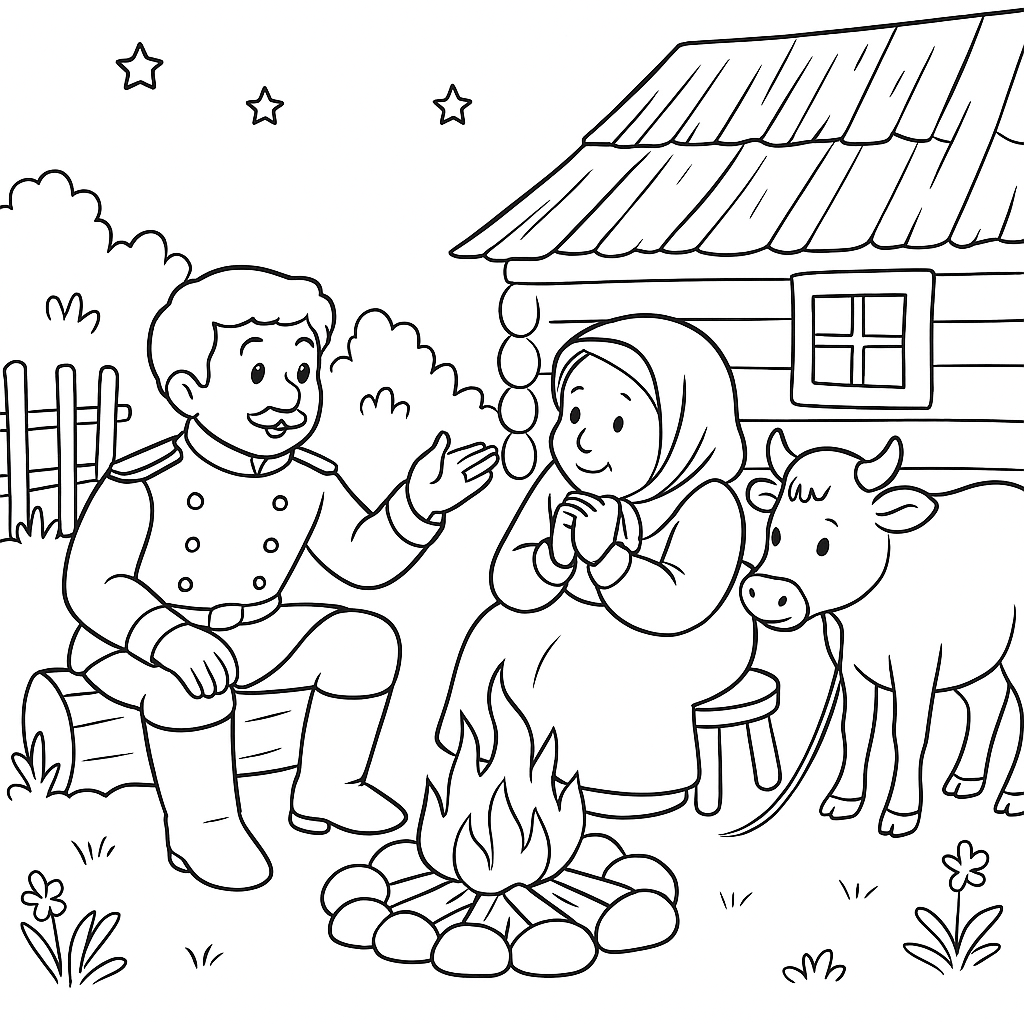 Раскраска по сказке "Солдатская школа"