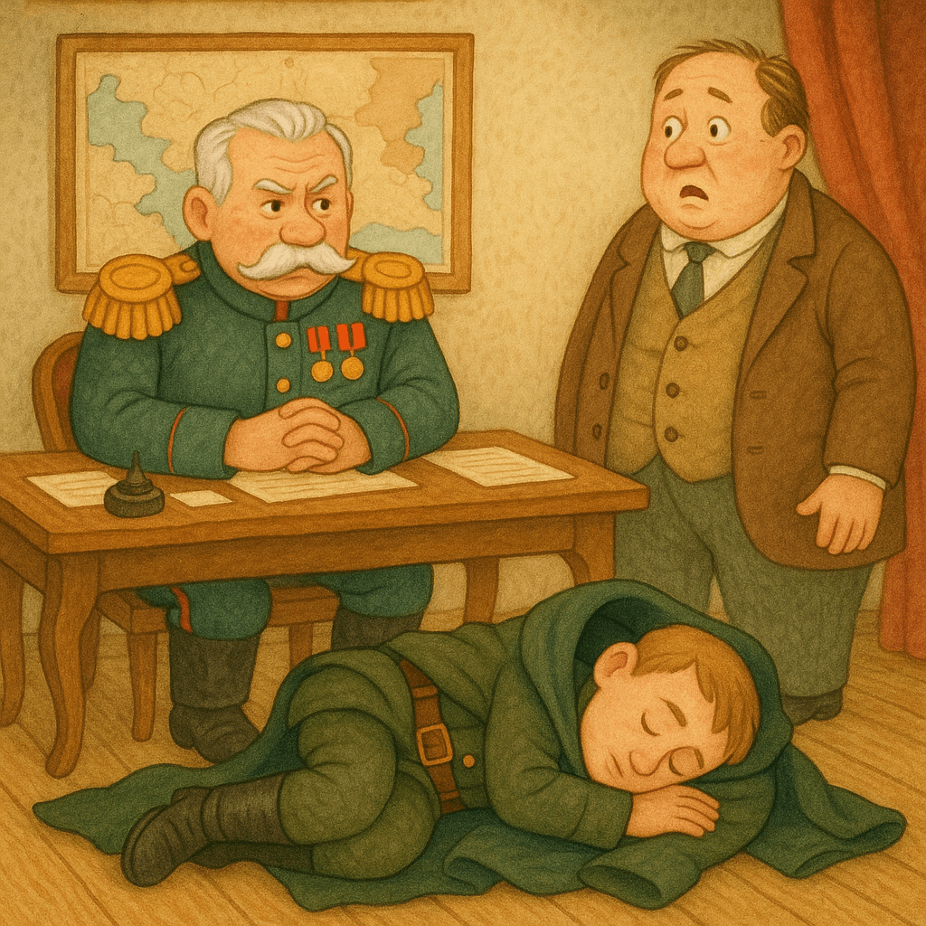 Солдат показывает, как удобно спать на шинели у командира