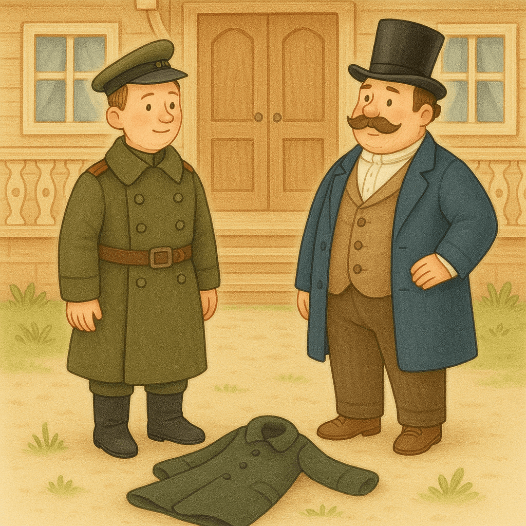 Солдат и барин у крыльца дома, между ними шинель. Иллюстрация в стиле детской сказки.