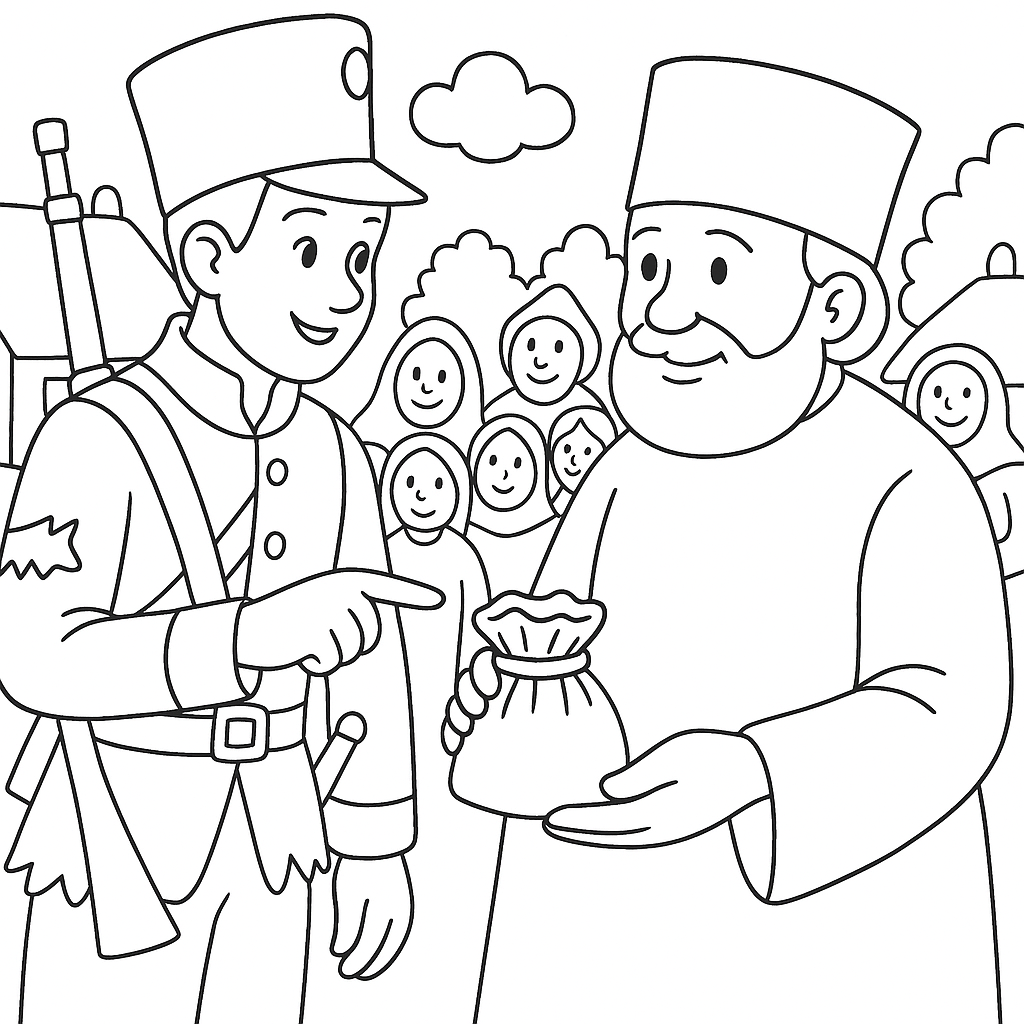 Раскраска по сказке "Про солдата и жадного попа"