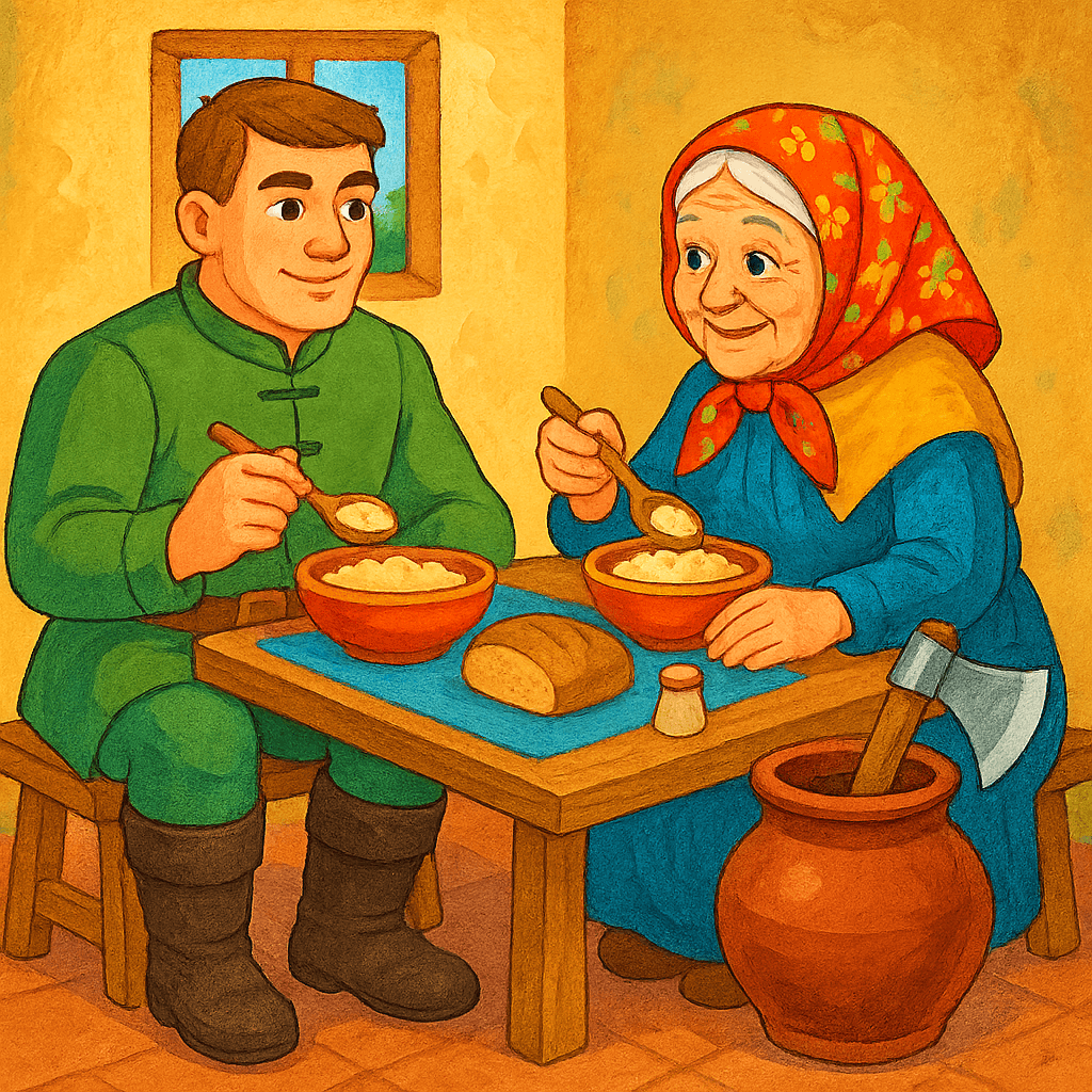 Солдат и старушка весело едят кашу из горшка, рядом топор.