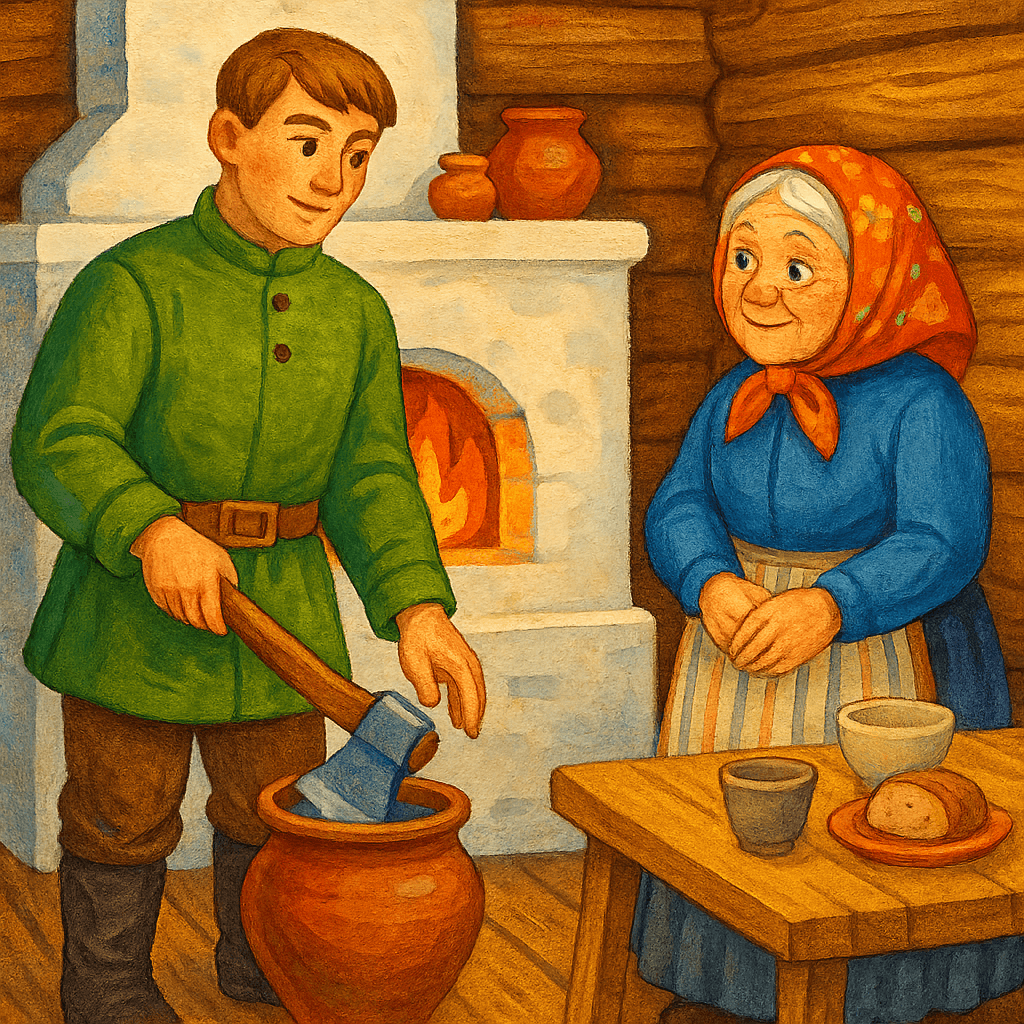 Солдат кладёт топор в горшок с водой, старушка наблюдает.