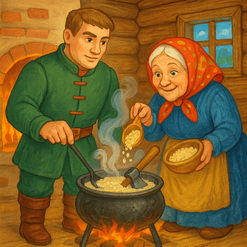 Старушка добавляет крупу, а солдат варит кашу из топора.