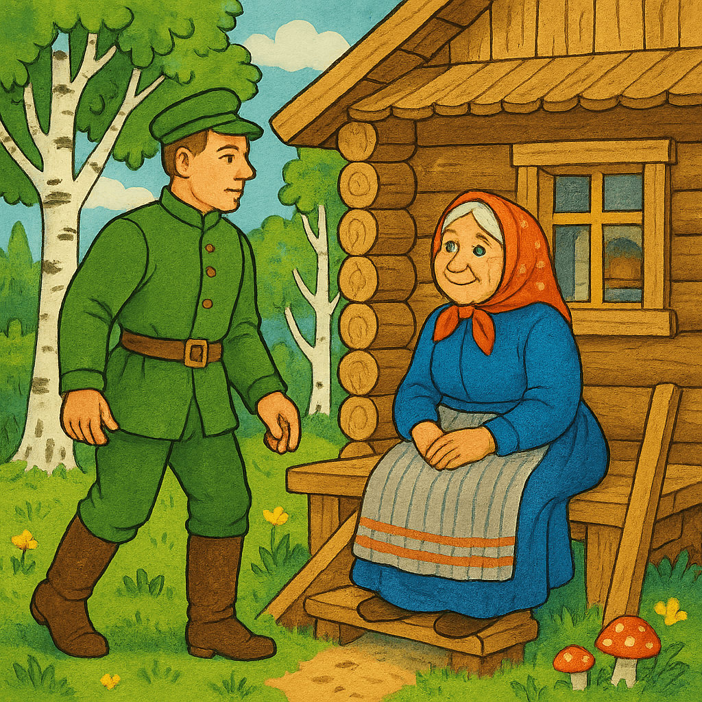 Солдат подходит к деревянной избушке, на крыльце сидит старушка.