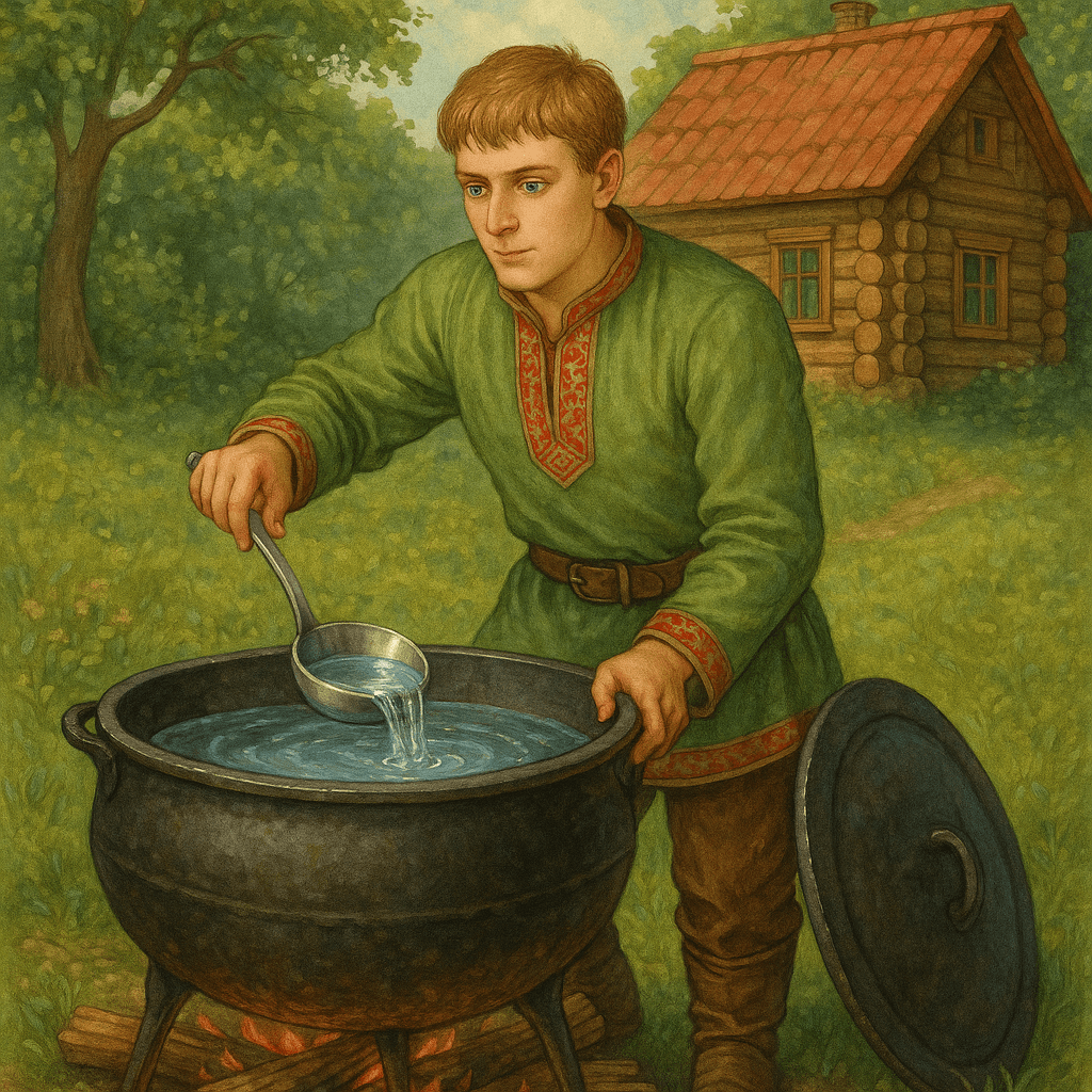 Илья открывает котёл с волшебной водой смотрит внутрь