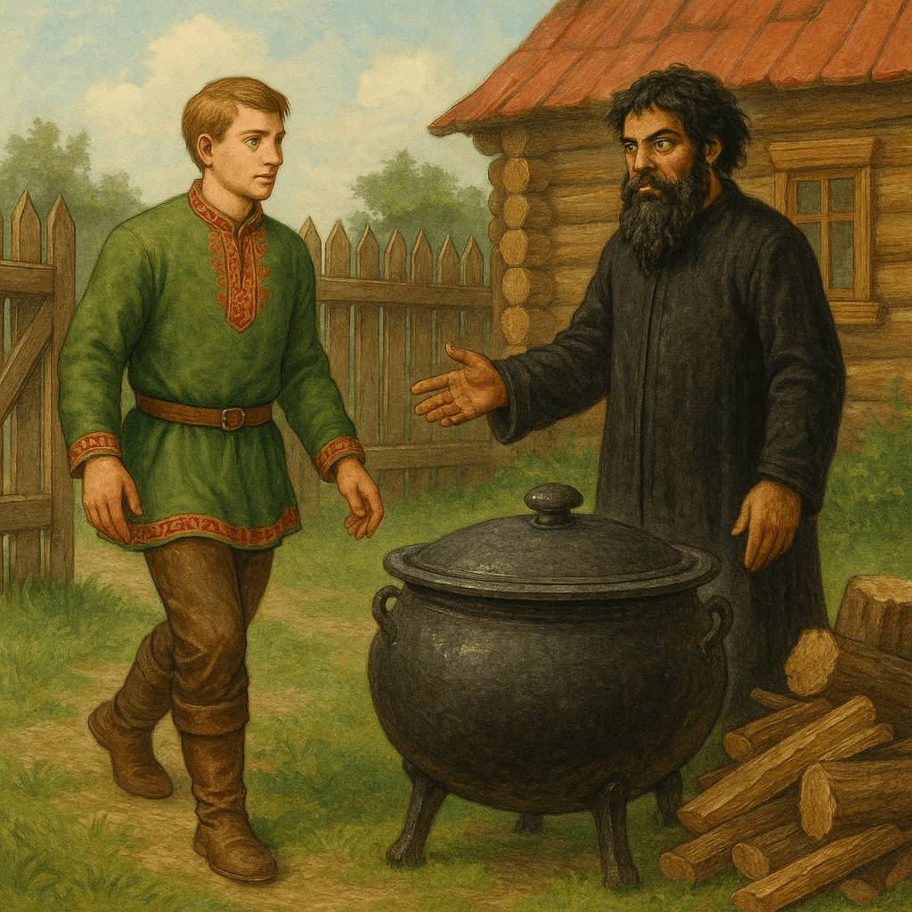 Илья заходит во двор, его встречает грозный хозяин возле большого котла