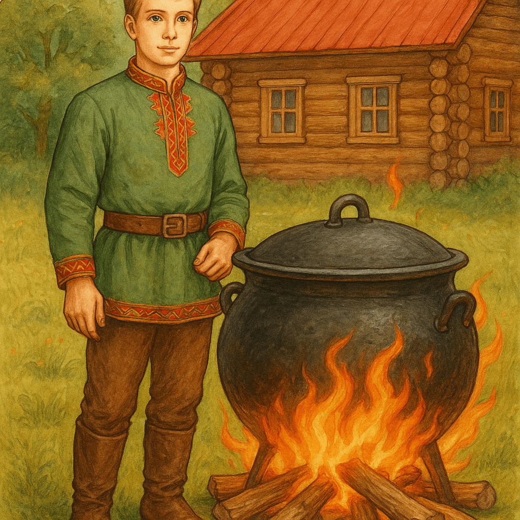 Илья работает у большого котла во дворе, подкидывает дрова в огонь