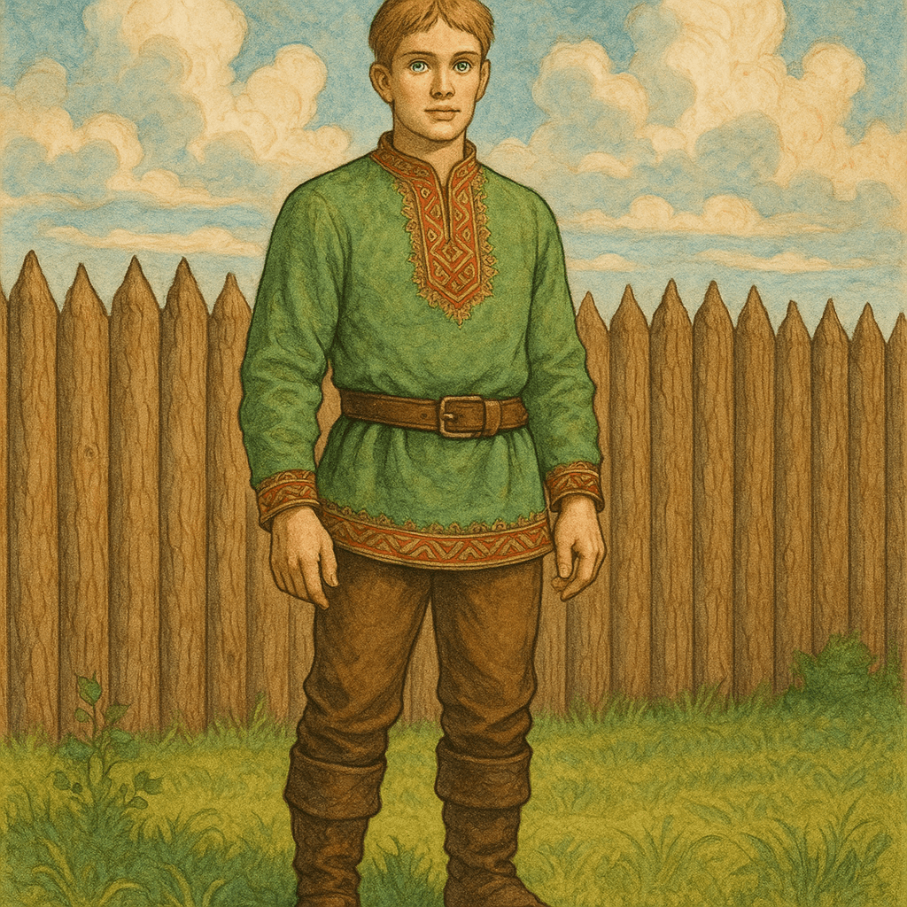 Илья стоит в поле у высокого забора, вокруг травы и облака